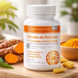 HEALTHADDICTION - Citrato de Potasio + Cúrcuma y Curcumina - Suplemento Alimenticio con 120 Cápsulas - 1g Potasio, 300mg Cúrcuma, 100mg Curcumina - Apoyo Nutricional Diario - 810 mg c/u