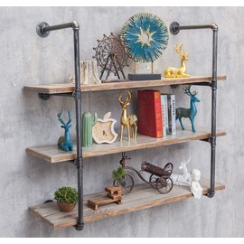 4-Tier Wall Mounted Iron Floating Pipe Shelves/Racks/Storage/Bookcases/Brackets, DIY Open Bookshelves/Shelving for Kitchen/Office, Retro Black（2PCS 4-Tier Shelf Brackets Without Planks