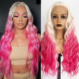 QMSSR Hot Pink Lace Front Wigs Pre Plucked Loose Wave Hair Wig 24 Inch Long Wavy Ombre Blonde Synthetic Lace Front Wigs For Women