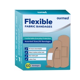 Ourmed Flexible Fabric Adhesive Bandages, Latex Free First Aid Bandage with Non-Stick Pad for Wound Care, Cuts, Scrapes, Blisters, Assorted Sizes, 60 Count, HSA & FSA Eligible