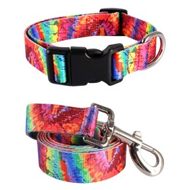 Coomour Dog Collar Pet Funny Rainbow Adjustable Collars with Cute Tie Dye Leash for Small Medium Large Dogs Cats Multicolor Collars Set (X-Large)