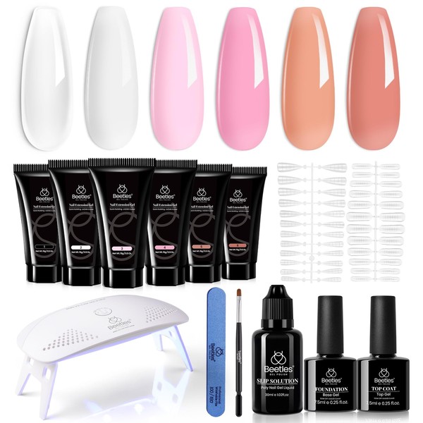 Beetles Gel Polish Poly Nail Extension Kit with Mini Led Lamp 6 Colors Clear Pink Nude Builder Jelly Manicure Enhancement Starter Set All-in-One Basic Color Nail Art