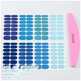 SILPECWEE 8 Sheets Nail Stickers Full Nail Wraps (Blue Solid & Glitter), Self Adhesive Nail Polish Strips, Gel Strips Design Fingernail Sticker Nails for Women with File