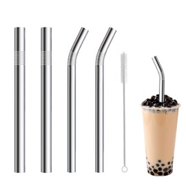 4-Pack Stainless Steel Straws, 12mm&8mm Extra Wide Reusable Metal Smoothie/Milkshake Straw, Extra Long Straight & Bent Drinking Straws with Brush for Boba, Thick Beverages, Cold Drinks