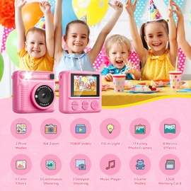 Kids Camera Instant Print,Pink Instant Digital Camera,32G 1080P Vedio Selfie Camera with 3 Print Paper Pencils Stickers & Strap,Toddler Camera Toys Birthday for Kids Age 3-12