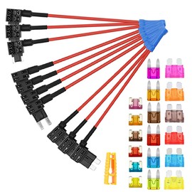 Aiqeer Pack of 10 12 V/24 V Piggyback Fuse Holder, Car Add-a-Circuit Fuse Tap with Wiring Harness, Free 18 Pieces Blade Fuses and Fuse Puller (Crimp Terminal)