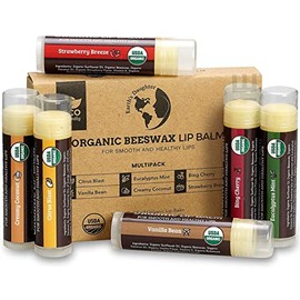 Earth's Daughter USDA Organic Lip Balm 6-Pack - Fruit Flavors, Beeswax, Coconut Oil, Vitamin E - Best Lip Repair Chapstick for Dry Cracked Lips - Moisturizing Lip Care