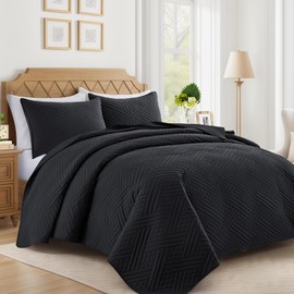 Lavsiry Black Quilt Twin Size with Striped Pattern, Lightweight Soft Summer Thin Microfiber Bedspread & Coverlet Bedding Set for All Seasons - 2 Piece(1 Quilt, 1 Pillow Sham)