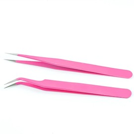 TAVVKE 2 Pack Eyelash Extension Tweezers Set Straight and Curved Tip Lash Tweezers for Eyelash Extensions 2 Pieces (Pink)