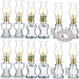 Yexiya 12 Set Vintage Glass Kerosene Lamp Rustic Oil Lamp Lantern Chamber Oil Clear Kerosene Hurricane with 6.6 ft Extra Wick for Indoor Use Lighting Decor Emergency (Retro Style)
