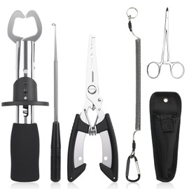 DONQL 5pcs Fishing Tool Set, Fishing Pliers, Fish Lip Gripper, Fish Hook Remover Tool Line Cutter with Sheath Lanyard, Multifunctional Fly Ice Fishing Gear, Saltwater Resistant Fishing Gifts