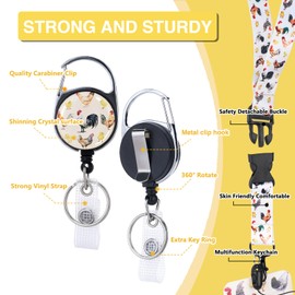 Chickens Retractable Lanyard Badge Holder - 2PCS Cute Flower Chickens Lanyard with ID Holder, Funny Retractable ID Badge Holder Breakaway Lanyard, Keys Carabiner Clip Office Gifts for Nurse Teacher