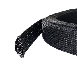 MGI SpeedWare Expandable Non-Split PET Braided Cable Sleeve, High-Temperature Black Loom for Automotive Harness and Chew-Resistant Home Office Wire Management, 25ft Length (1.5")