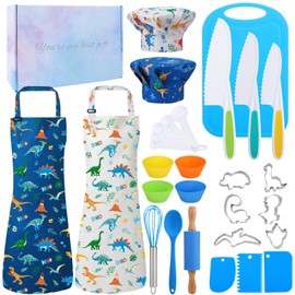 Kids Cooking and Baking Set, Kids Chef Role Play Costume Set with Dinosaur Apron and Chef Hat Children Kitchen Tools Cooking Utensils Dress Up Pretend Gift for Boys Girls