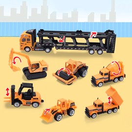 VBACALA 7PCS Bagger Autotransporter Spielzeug, Mini Baustellenfahrzeuge Kinder LKW Spielzeug, Diecast Pull Back Metal Auto Spielzeug Für Sandspielzeug Bagger Spielzeug ab 3 Jahre Junge Mädchen