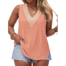 Plus Size Womens Tank Tops Elegant Hollow Out Cozy Lace V Neck 2025 Sleeveless Cute Vest Coralline 2X