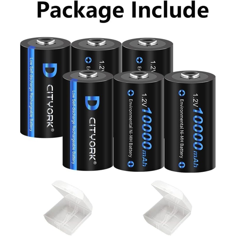 CITYORK 4 Pack 10000mAh Rechargeable D Batteries, 1.2V Ni-MH High