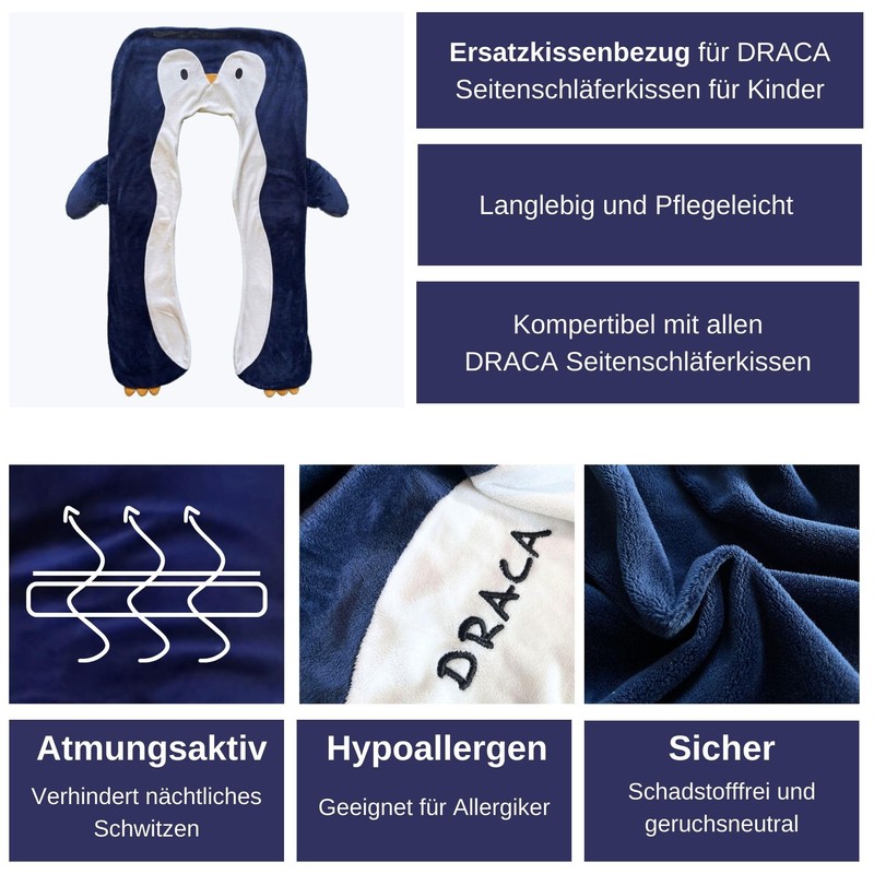 DRACA Side Sleeper Pillow for Children, Original Pillow Cover, Penguin,