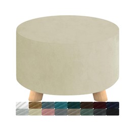 MAXIJIN Velvet Ottoman Cover Round Stretch Round Ottoman Covers Slipcover Washable Foot Stool Cover Thick Storage Footrest Protector with Elastic Bottom (Round Ottoman Medium, Beige)