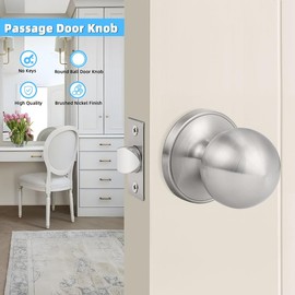 KNOBWELL Brushed Nickel Closet Door Knob, Interior Door Knobs with Round Ball Knob for Passage, Hallway Doors, Keyless Non-Locking Indoor Door Handle, 1 Pack