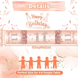 11th Birthday Table Runner for Girls Her Rose Gold Happy 11th Birthday Table Runner 11 Years Old Birthday Celebration Party Decorations Non-Slip Dining Table Linen Cover Cloth Decor, 180x35cm Long
