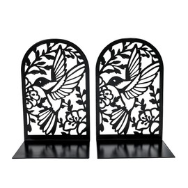 Bookends Metal Black Book Holder Shelf, Bookend Holder with Non-Slip Book Stops for School Home Office (1 Pair Black Hummingbird)