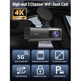 Vasip 4K Dash Cam Front and Rear Inside, 5GHz WiFi, 3 Channel Dash Cam for Cars, 3.16” IPS Dash Camera for Cars with 64GB SD Card, Night Vision, WDR, G-Sensor, Loop Recording, 24H Parking Mode