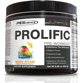 PEScience Prolific Pre Workout Powder, Mango Splash, 40 Scoops, Energy Supplement with Nitric Oxide