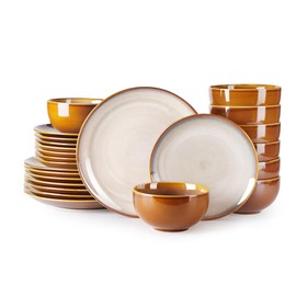 LERATIO Ceramic Dinnerware Sets for 8,Stoneware Plates and Bowls Sets,Handmade Reactive Glaze Dishes Set,Chip Resistant and Scratch Resistant | Oven&Dishwasher & Microwave Safe-Kahki (24PCS)