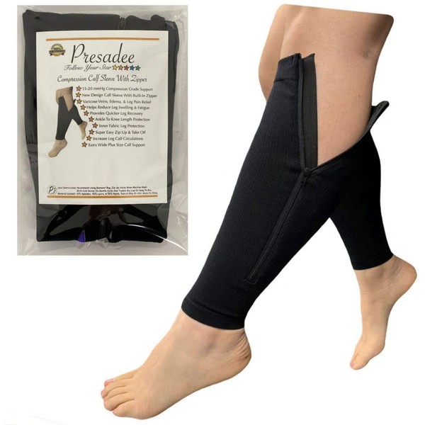 Presadee Calf Zipper 15-20 mmHg Compression Leg Circulation Fatigue Shin Sleeve (Black, L/XL)