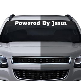 Powered by Jesus Decal Sticker Windshield Window Vinyl Graphic Banner Rear Back Car Truck SUV Vehicle Christian Faith Text 36"x4.25"+ (Font-Review)