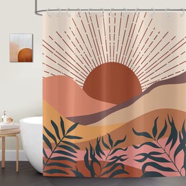 ASDCXZ Boho Style Shower Curtain 180 x 180 cm, Modern Abstract Art Sunset Leaves Beige Bathroom Washable Shower Curtains Polyester Textile Waterproof Shower Curtain for Bath with 12 Hooks