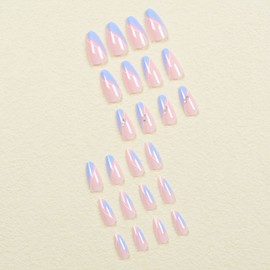Resweky Fake Almond Sleeves Long Blue Pink Glossy False Nails Sparkly French Press on Nails Full Cover Acrylic Nails for Women Girls
