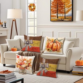 OPULANE Fall Pumpkin Pillow Covers 18x18 Inch Home Sweet Home Autumn Floral Leaves Thankful Grateful Blessed Throw Pillow Cases Holiday Seasonal Farmhouse Decorations for Sofa Couch Set of 4