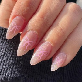 FANLAID Press On Nails Almond Medium Glue On Nails, Cute Line Art Bow Design Press On Nails for Women, Natural Fit Reusable Stick On Nails in 12 Sizes - 24 Fake Nails Kit with Glue, Glitter Pink