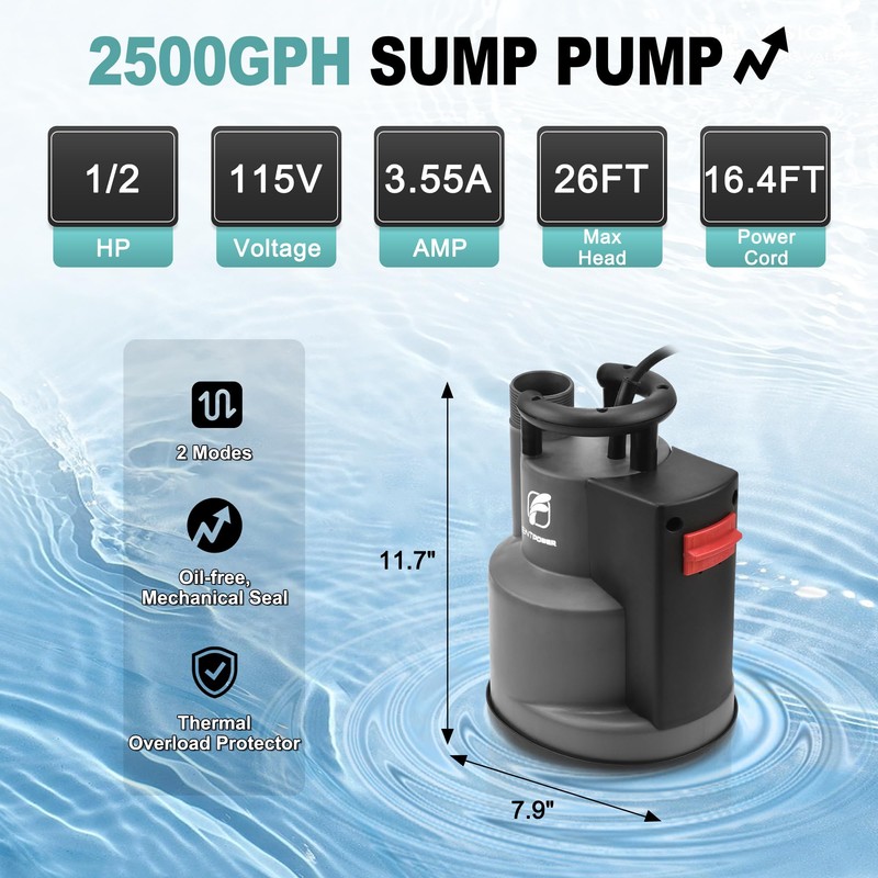 FLUENTPOWER 1/2HP Submersible Sump Pump 2500GPH Utility Water Pump, Auto/Manual