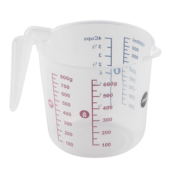 Emsa K32261 Prep&Bake Plastic Measuring Cup 1 L | Double Scale | For Solid & Liquid Ingredients | Integrated Pouring Lip for Precise, Clean Pouring | Dishwasher Safe | Transparent
