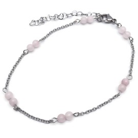 Vilda Jewellery Rose Quartz Anklet Slim Stainless Steel Chain with 4mm Stone Beads - Adjustable Size : 9-11 inches