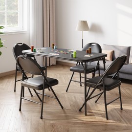 4 Feet Folding Table Indoor Outdoor, Protable Foldable Card Table, Lockable Metal Legs Support, Upholstered PU Leather Tabletop, Heavy Duty for Picnic Parties Wedding BBQ Camping