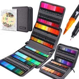 120 Colors Dual Tip Brush Pens Fineliners Art Markers, Watercolor Marker and Highlighters with Canvas Bag for Adult Coloring Books Drawing Sketching Bullet Journal Calligraphy