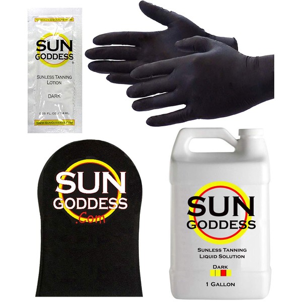 Sun Goddess - DARK - 1 Gallon - Spray Tan Solution - BEST COMBO DEAL: Sunless Self Spray Tan liquid Solution Best Sunless Self Spray Tanning Mitt