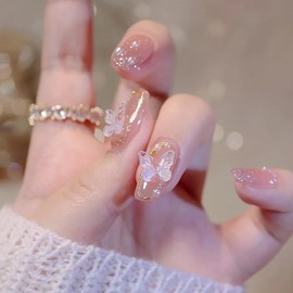 Press on Nails Medium Aritifical Square Fake Nails Pearl Crystal Butterfly Design Arcylic Luxury False Nails Full Cover Reusable Gradient Coffin Nails Nature Fit Stick on Nails Glue on Nails for Women