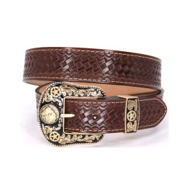 Western CF Belt Genuine Leather Gold Bull Basketweave Horse Buckle Pants Size 38