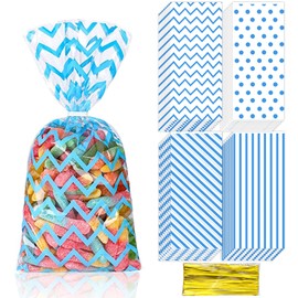 100Pcs Blue Cellophane Bags Baby Shower Candy Bags Gift Bags Treat Bags, Buffalo Polka Dot Stripes Goodie Bags with 100 Gold Twist Ties for Birthday, Baby Showers, Weddings Party Supplies(Blue)