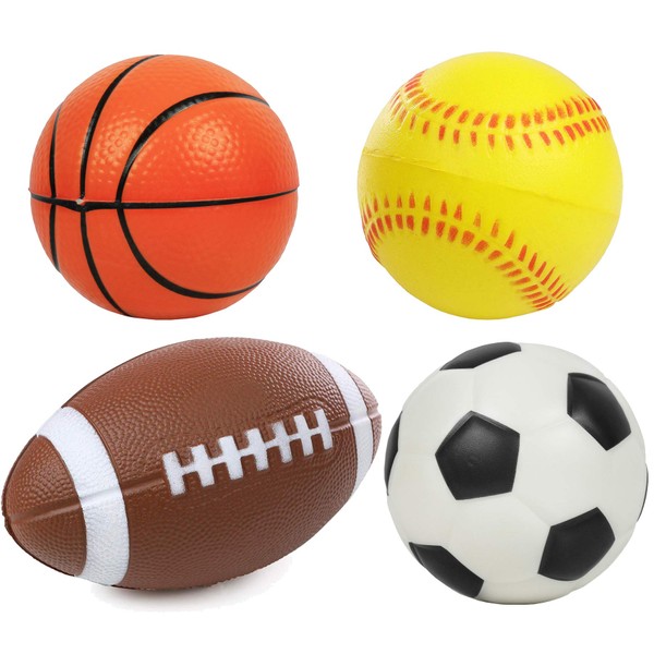 Kiddie Play Set of 4 Balls for Toddlers 4" Soft Soccer Ball, Baseball, Basketball, and 6" Football for Kids