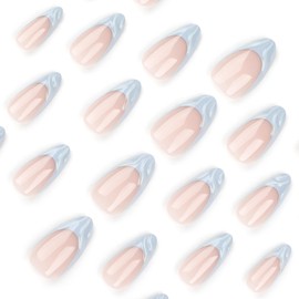 Press On Nails With Glue on 24PCS for Women and Girls, Stick on Nails，Almond Medium Shape Glue on Nails Fake False Nails, (Water Pattern, Almond)