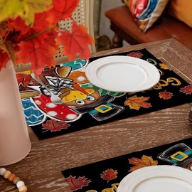 ARKENY Thanksgiving Placemats 12x18 Inches Set of 4, Turkey Gobble Black Fall Holiday Harvest Farmhouse Burlap Indoor Outdoor Table Mats Decor for Home Party Decoration AP638-4
