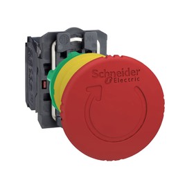 Schneider Electric Emergency Stop/Shutdown Push Button - Bright Red Color, 40mm Mushroom Shaped Plastic - Trigger Latching Turn to Release - Switches Machine Off - 2NC - Harmony XB5 (XB5AS8444)