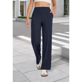 COPYLEAF Wide Leg Pants Woman High Waist Yoga Pants with Pockets Loose Stretch Dress Work Sweatpants Casual Lounge(Navy Blue XL)