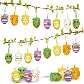 Hanging Easter Eggs, 24 Colourful Plastic Easter Eggs for Hanging, Easter Decoration Easter Eggs with Great Patterns for Outdoor and Indoor Outdoor Easter Shrub Decoration, Spring Decoration (24)